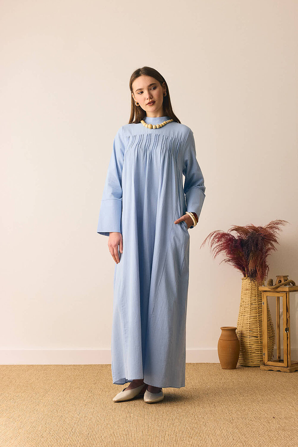 Geniş Manşetli Şile Bezi Elbise Bebe Mavisi - 3