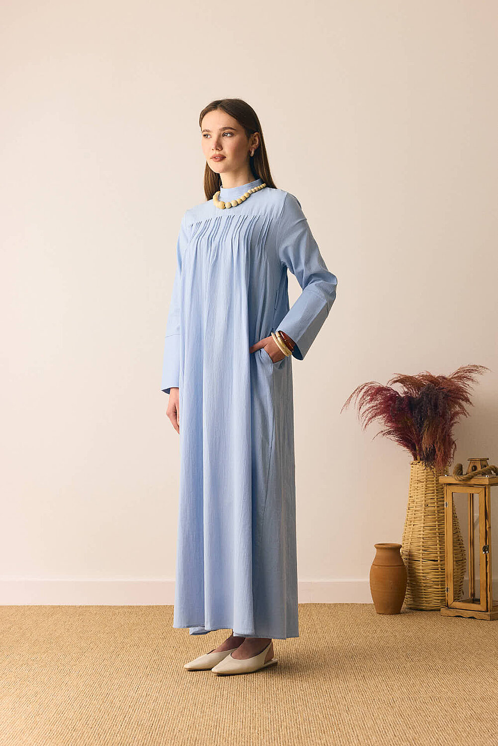 Geniş Manşetli Şile Bezi Elbise Bebe Mavisi - 2