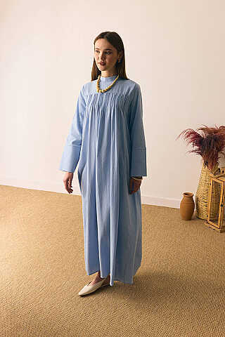 Geniş Manşetli Şile Bezi Elbise Bebe Mavisi - 7