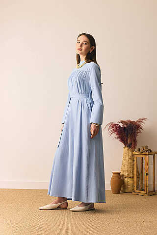 Geniş Manşetli Şile Bezi Elbise Bebe Mavisi - 8