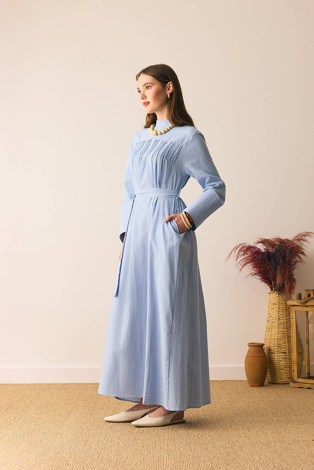 Geniş Manşetli Şile Bezi Elbise Bebe Mavisi - 9