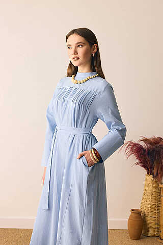 Geniş Manşetli Şile Bezi Elbise Bebe Mavisi - 1