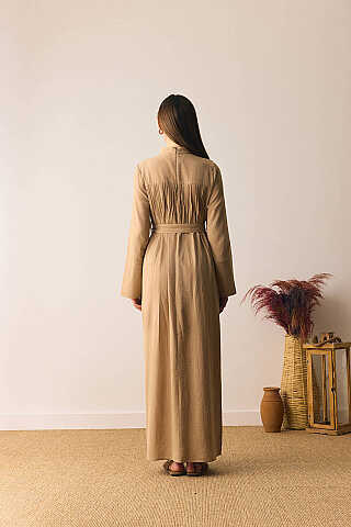 Geniş Manşetli Şile Bezi Elbise Camel - 6