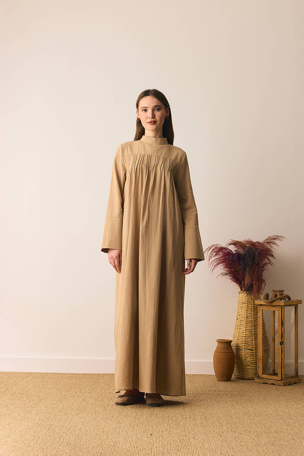 Geniş Manşetli Şile Bezi Elbise Camel - 1