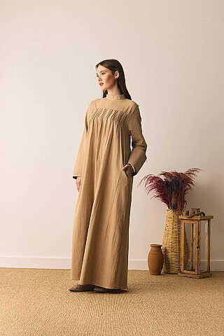 Geniş Manşetli Şile Bezi Elbise Camel - 3