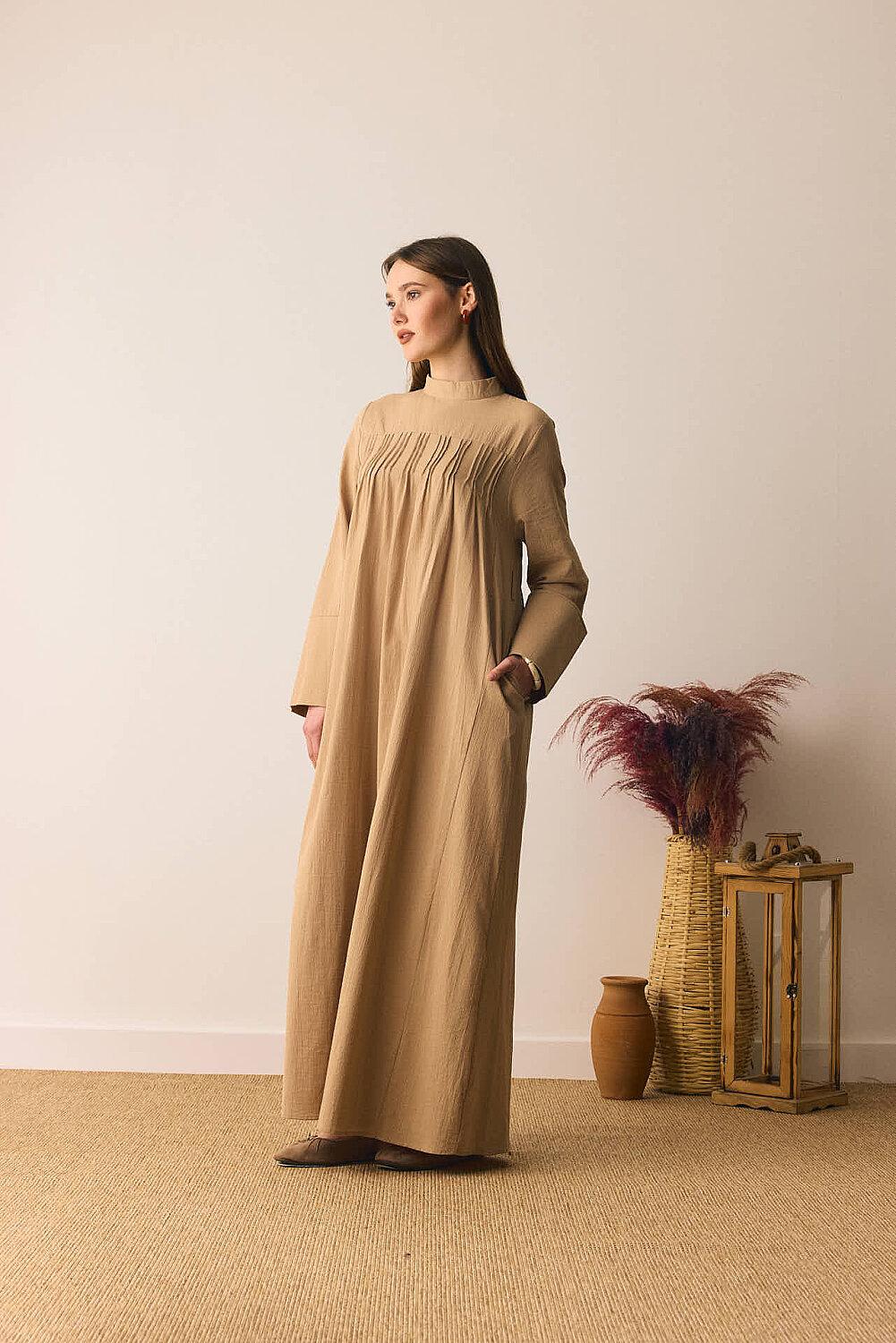 Geniş Manşetli Şile Bezi Elbise Camel - 3