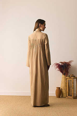 Geniş Manşetli Şile Bezi Elbise Camel - 8