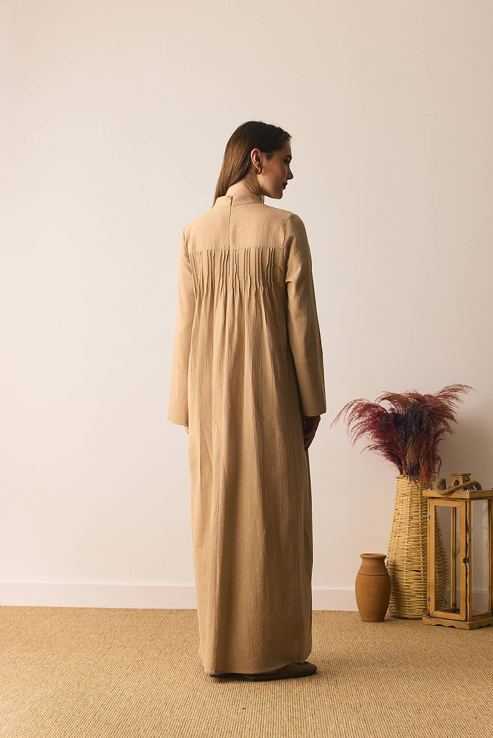 Geniş Manşetli Şile Bezi Elbise Camel - 8