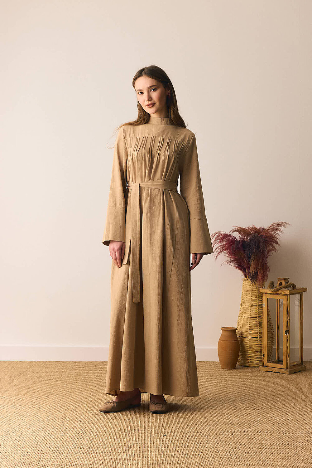 Geniş Manşetli Şile Bezi Elbise Camel - 5