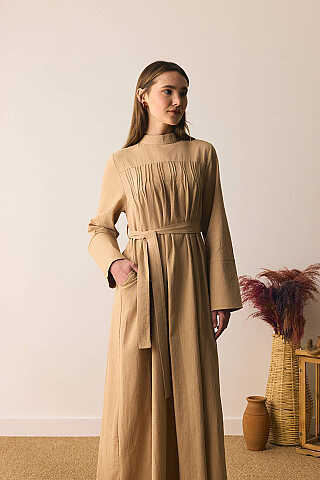 Geniş Manşetli Şile Bezi Elbise Camel - 4