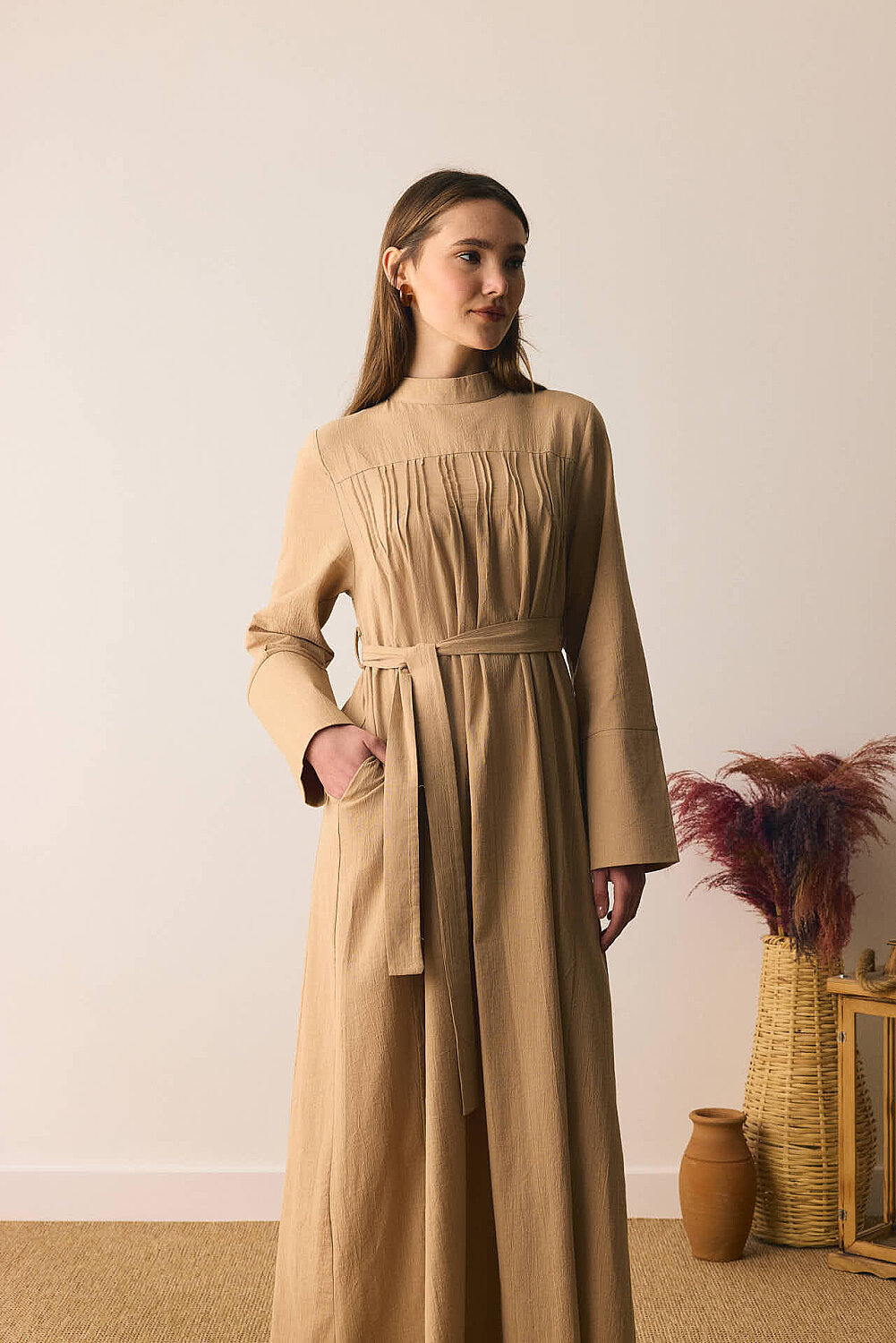 Geniş Manşetli Şile Bezi Elbise Camel - 4