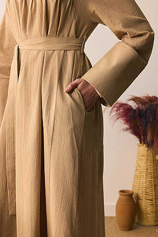 Geniş Manşetli Şile Bezi Elbise Camel - 2