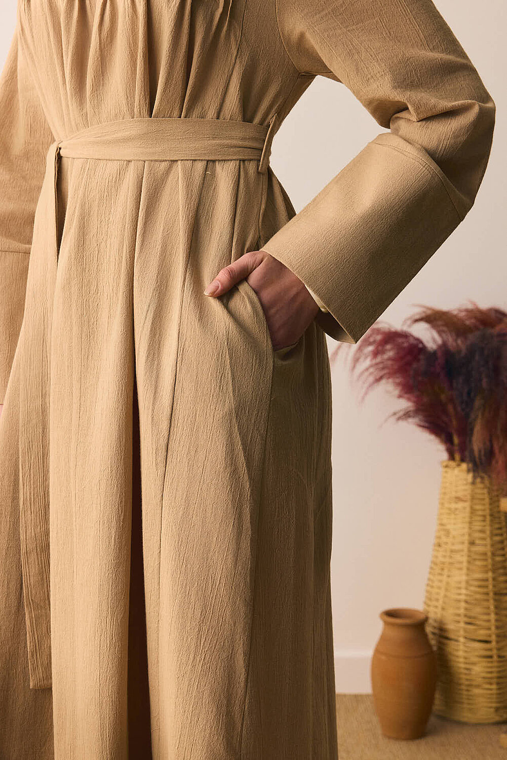 Geniş Manşetli Şile Bezi Elbise Camel - 2