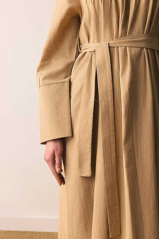 Geniş Manşetli Şile Bezi Elbise Camel - 7