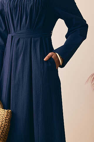 Geniş Manşetli Şile Bezi Elbise Lacivert - 4