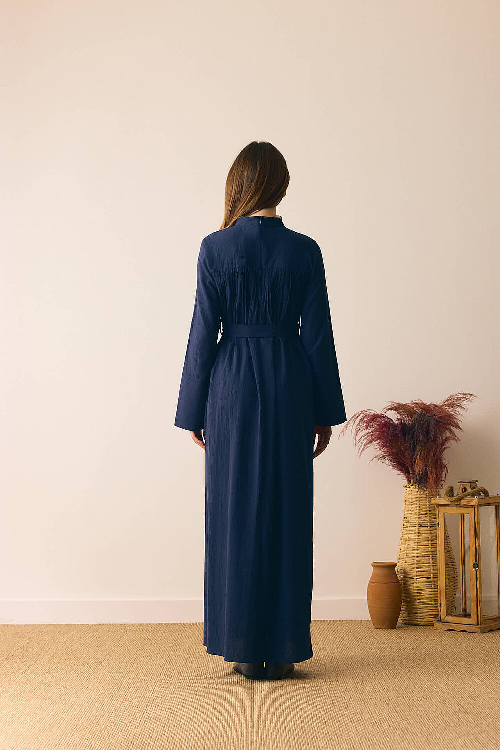 Geniş Manşetli Şile Bezi Elbise Lacivert - 8