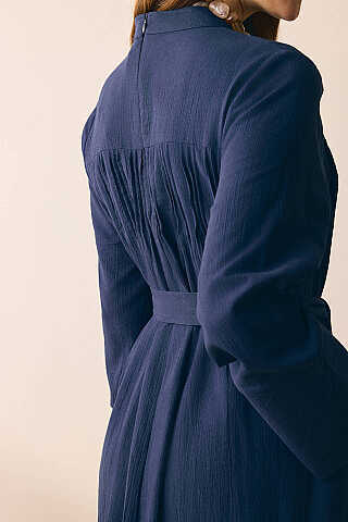 Geniş Manşetli Şile Bezi Elbise Lacivert - 10