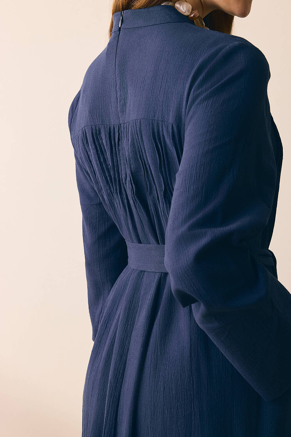 Geniş Manşetli Şile Bezi Elbise Lacivert - 10