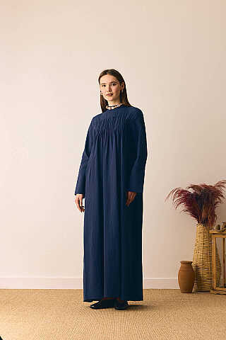 Geniş Manşetli Şile Bezi Elbise Lacivert - 3