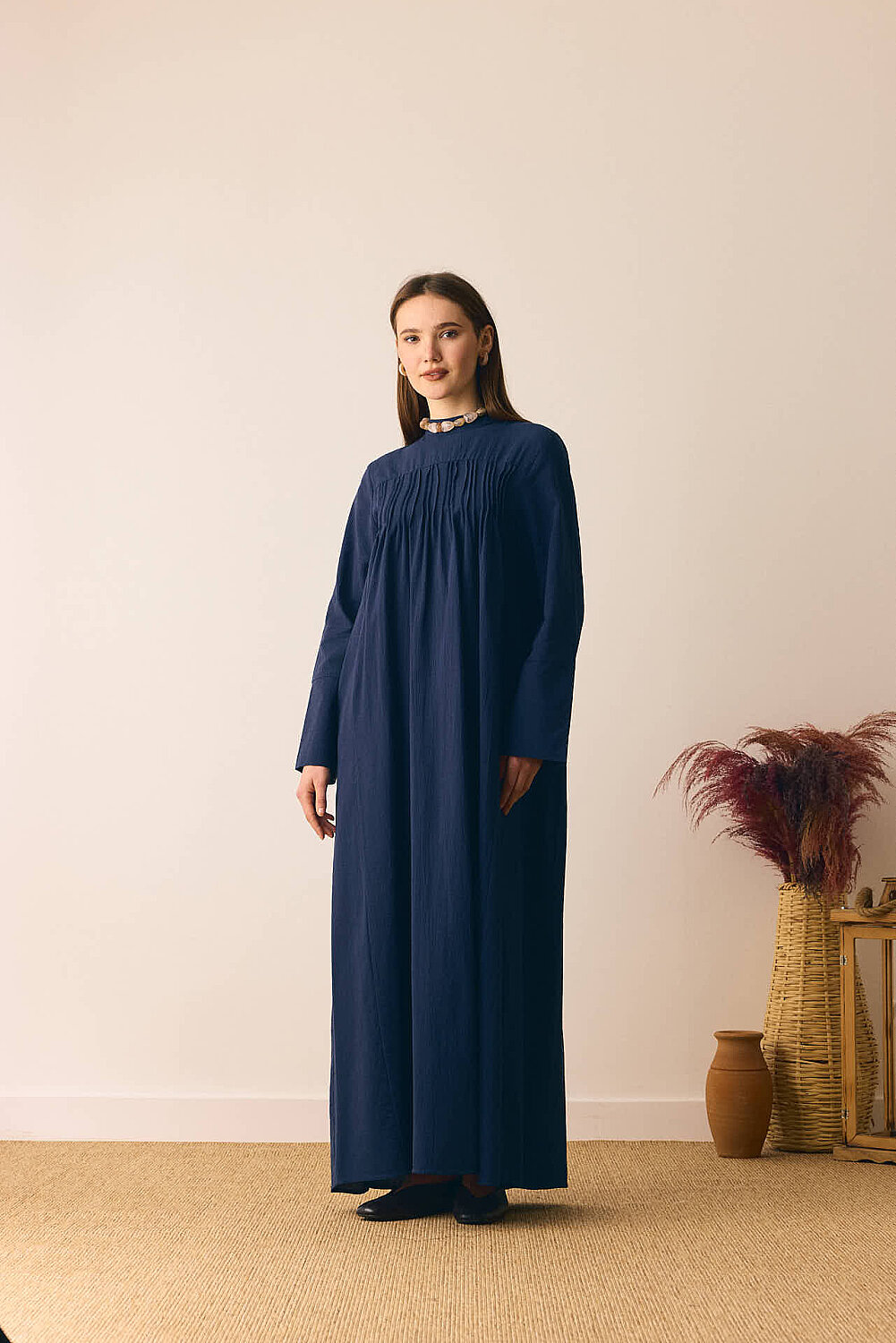 Geniş Manşetli Şile Bezi Elbise Lacivert - 3