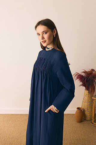 Geniş Manşetli Şile Bezi Elbise Lacivert - 5
