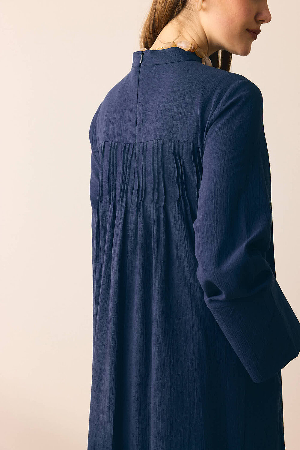 Geniş Manşetli Şile Bezi Elbise Lacivert - 6