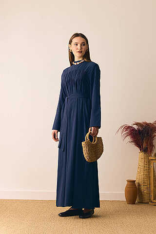 Geniş Manşetli Şile Bezi Elbise Lacivert - 7