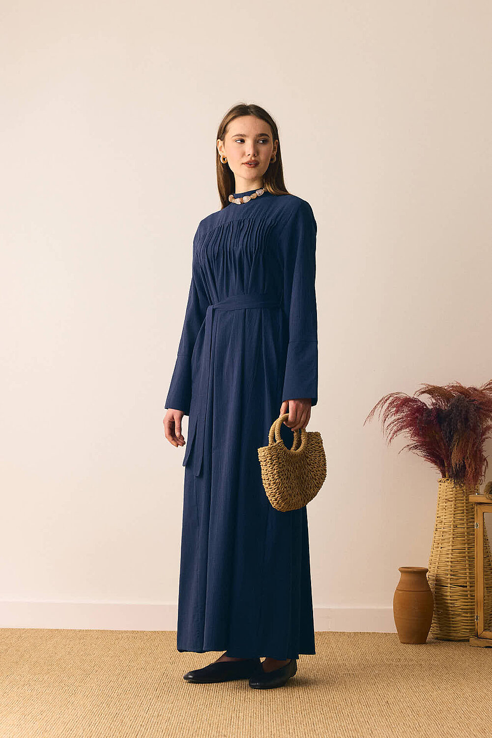 Geniş Manşetli Şile Bezi Elbise Lacivert - 7