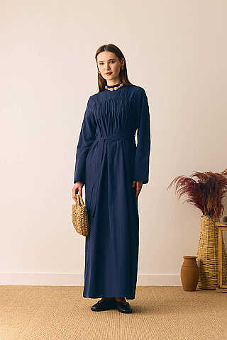 Geniş Manşetli Şile Bezi Elbise Lacivert - 1