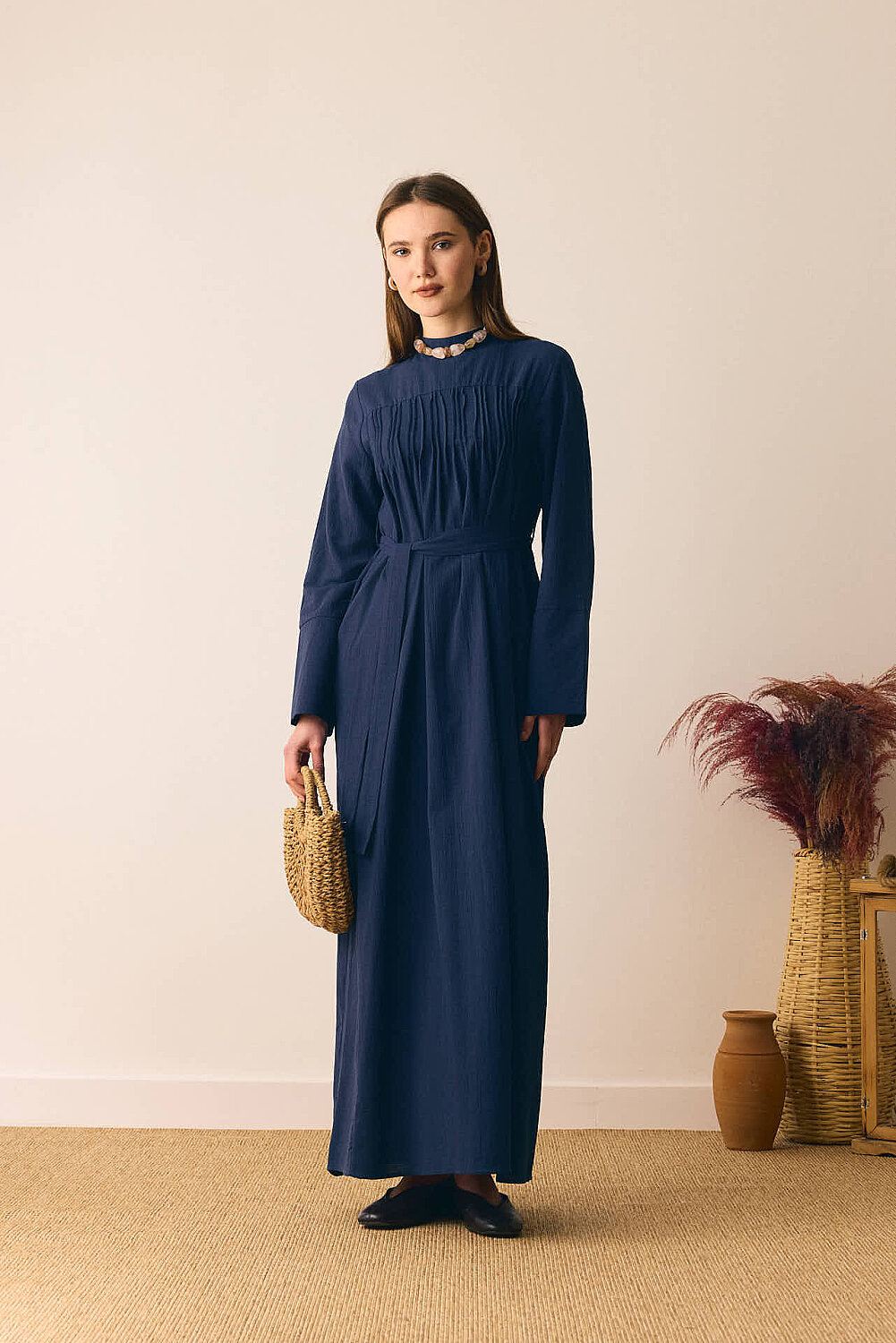 Geniş Manşetli Şile Bezi Elbise Lacivert 