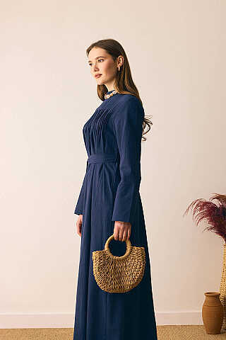 Geniş Manşetli Şile Bezi Elbise Lacivert - 9