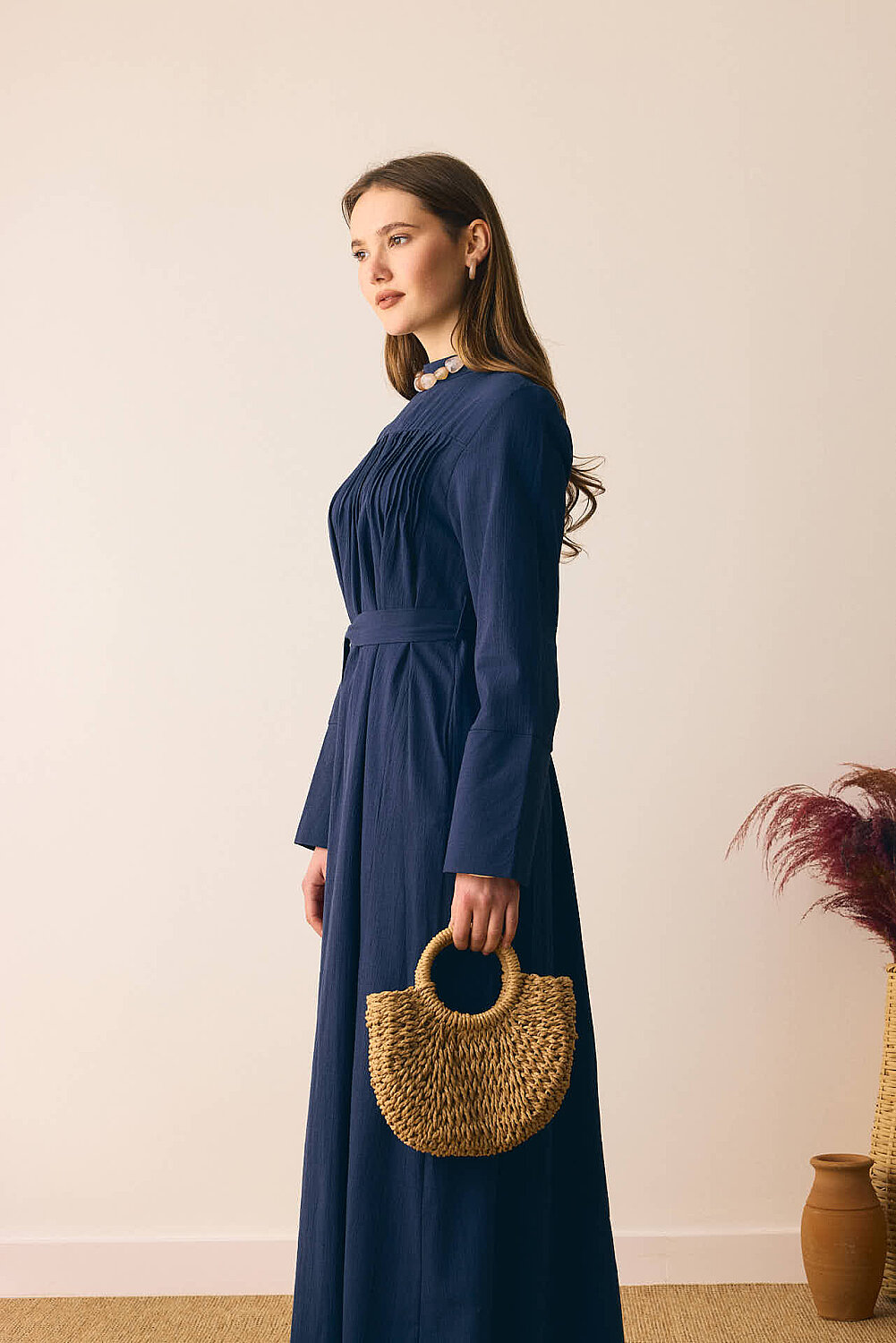 Geniş Manşetli Şile Bezi Elbise Lacivert - 9