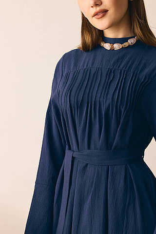 Geniş Manşetli Şile Bezi Elbise Lacivert - 2