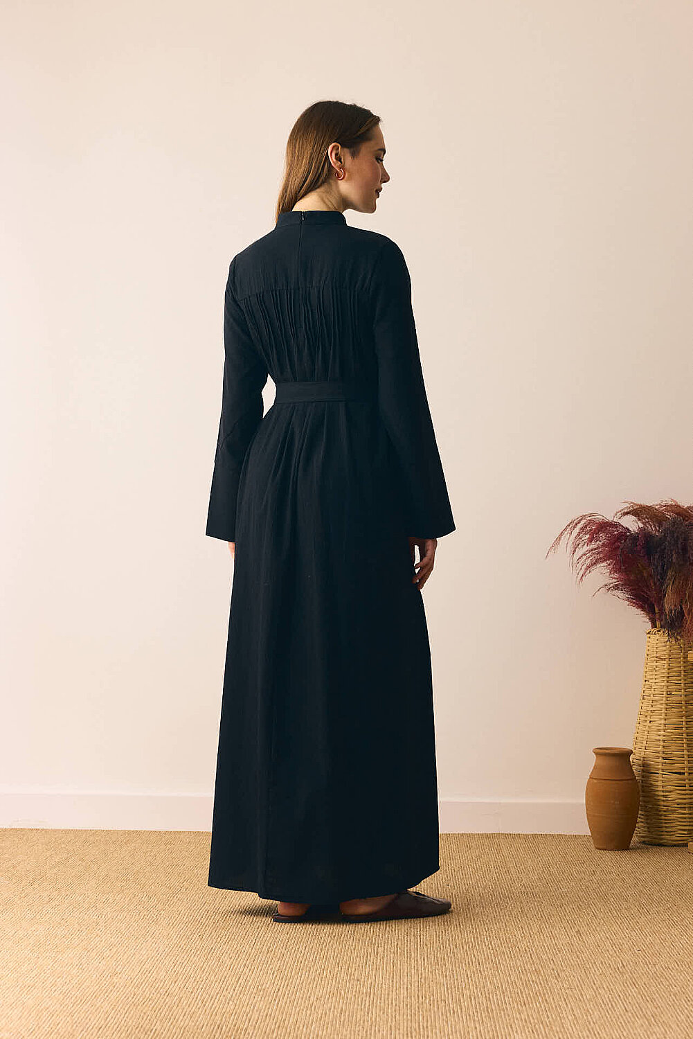 Geniş Manşetli Şile Bezi Elbise Siyah - 7