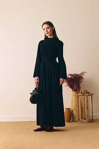 Geniş Manşetli Şile Bezi Elbise Siyah - 6