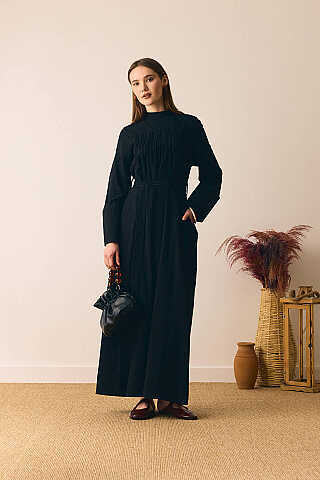 Geniş Manşetli Şile Bezi Elbise Siyah - 8