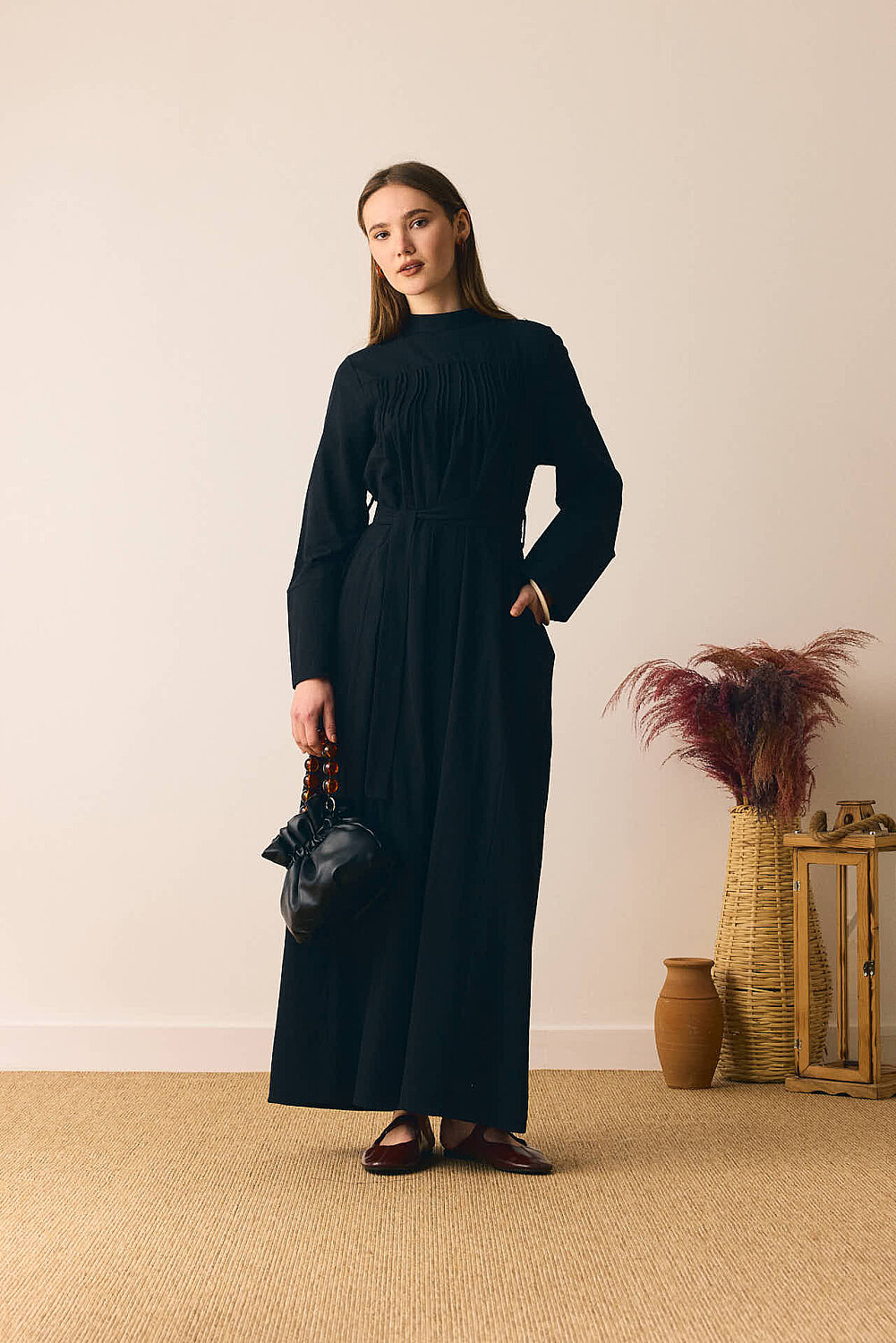 Geniş Manşetli Şile Bezi Elbise Siyah - 8