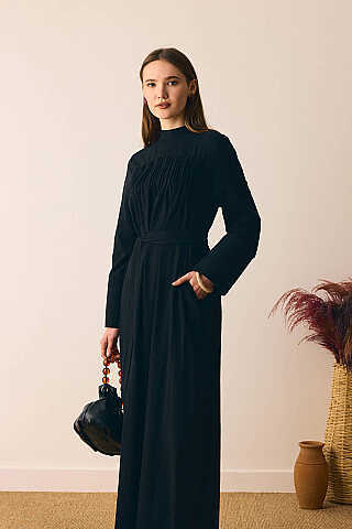 Geniş Manşetli Şile Bezi Elbise Siyah - 1