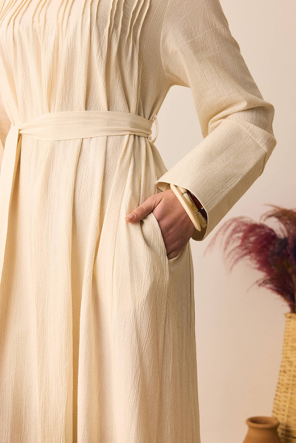 Geniş Manşetli Şile Bezi Elbise Taş - 2