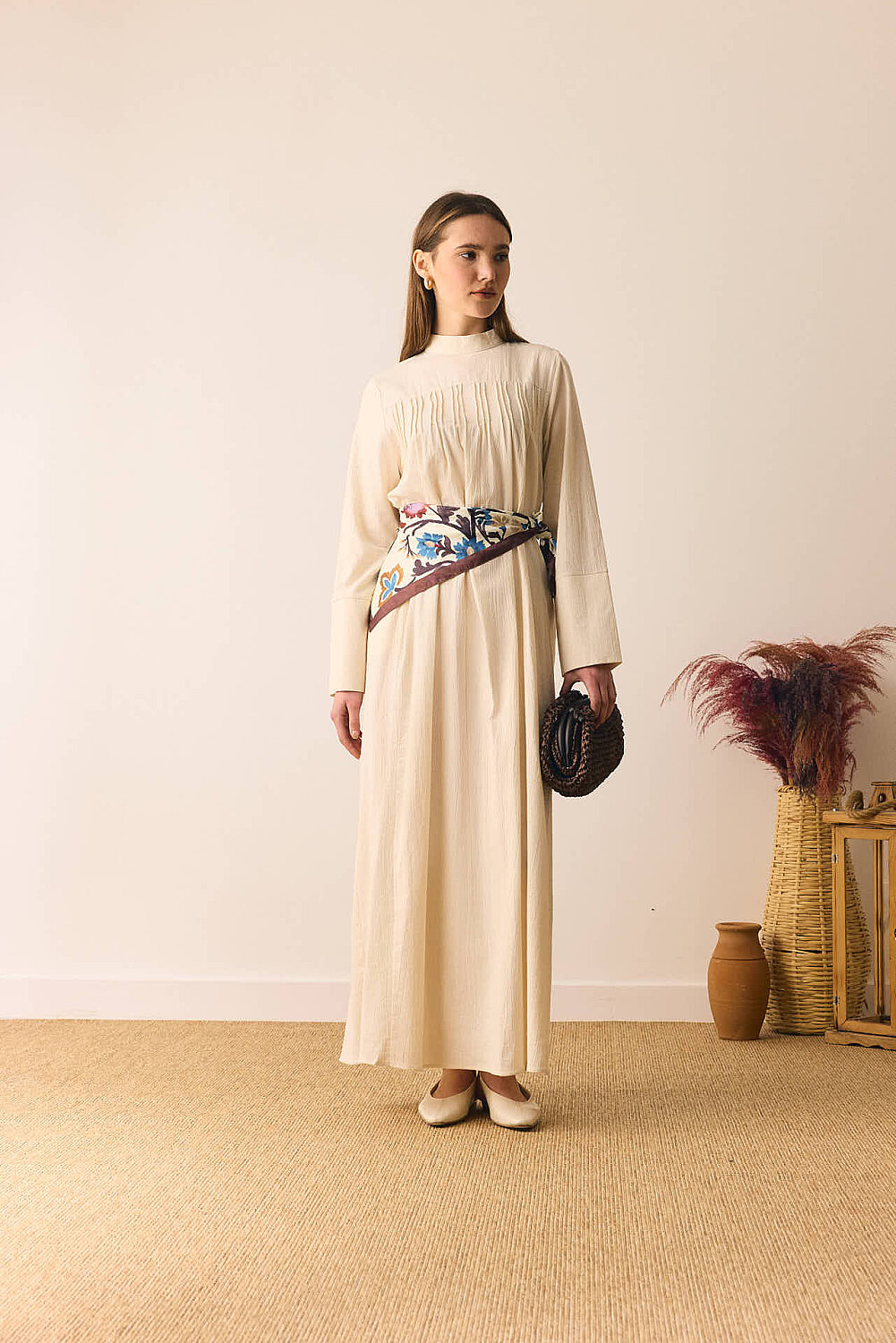 Geniş Manşetli Şile Bezi Elbise Taş - 8