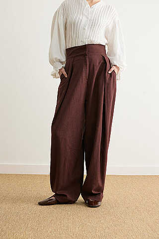 Geniş Pileli Keten Pantolon Bordo - 3