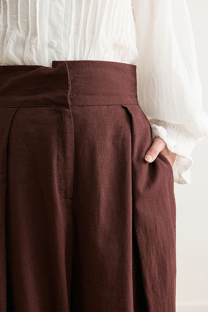 Geniş Pileli Keten Pantolon Bordo - 4