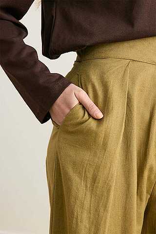 Geniş Pileli Keten Pantolon Haki - 3