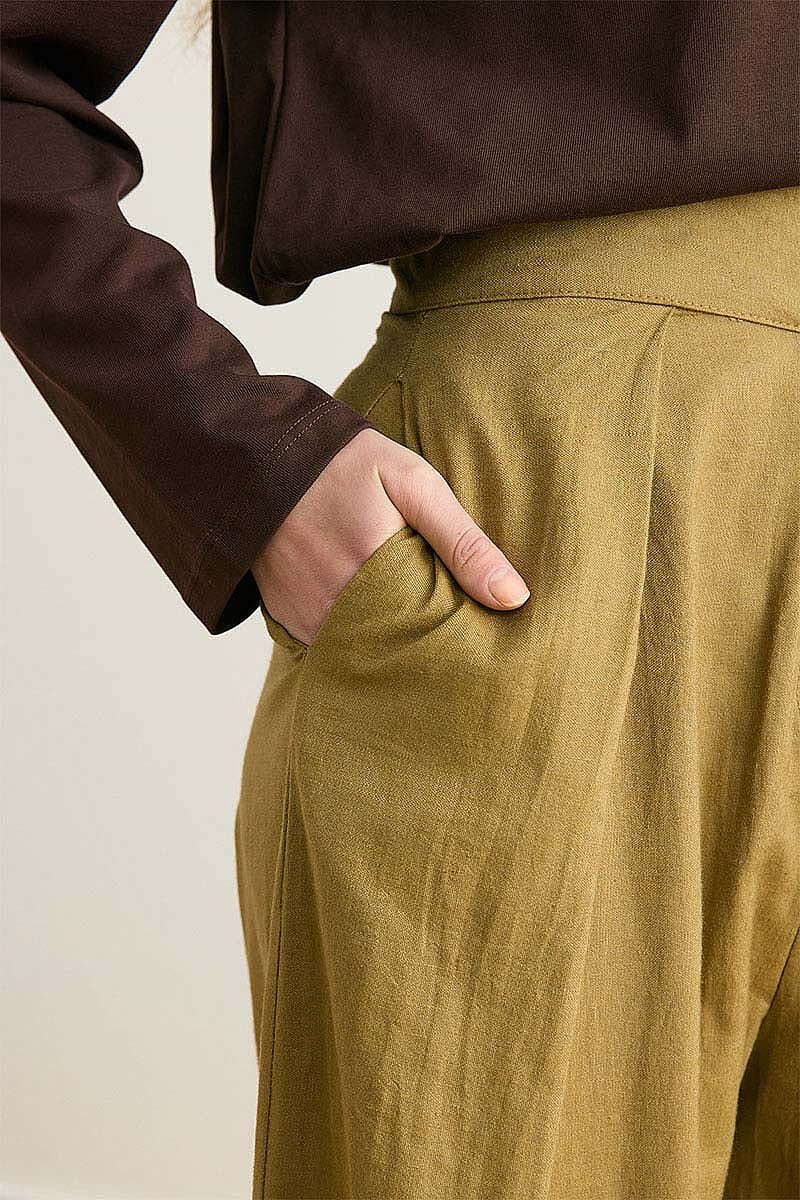 Geniş Pileli Keten Pantolon Haki - 3