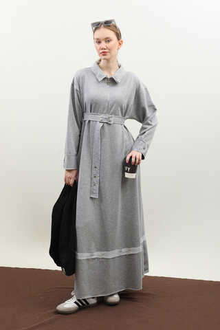 Geniş Yaka Kemerli Elbise Gri - 2