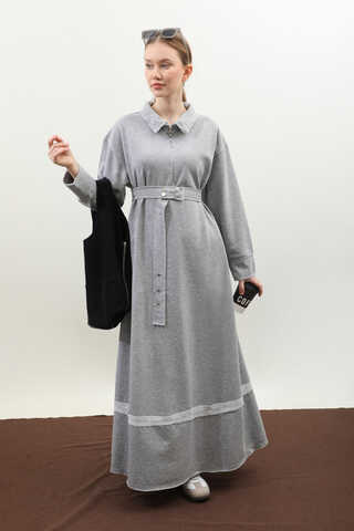 Geniş Yaka Kemerli Elbise Gri - 6