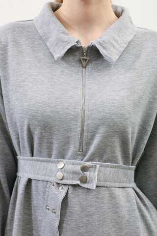 Geniş Yaka Kemerli Elbise Gri - 10