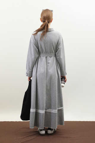 Geniş Yaka Kemerli Elbise Gri - 12