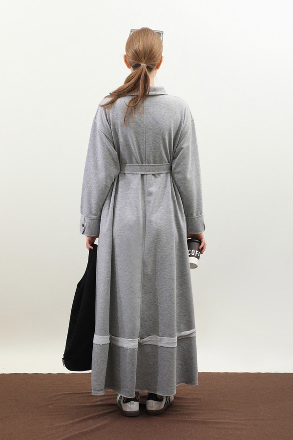 Geniş Yaka Kemerli Elbise Gri - 12