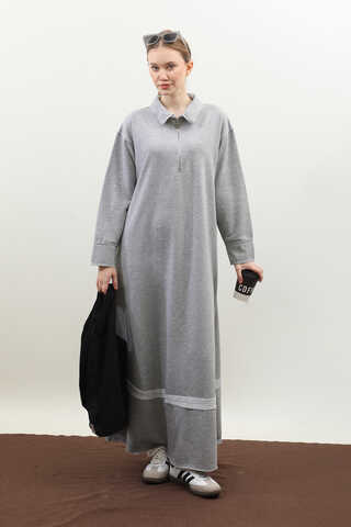 Geniş Yaka Kemerli Elbise Gri - 3